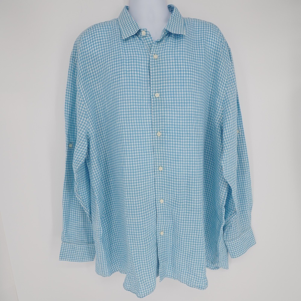 Isle Bay Linen Button Down Shirt Mens XXL Blue Check Roll Tab Sleeve Resort